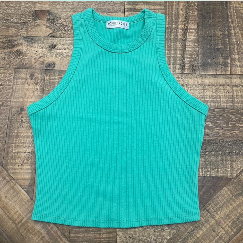 Vibrant Teal Ribbed Cropped Tank Top by Popular 21